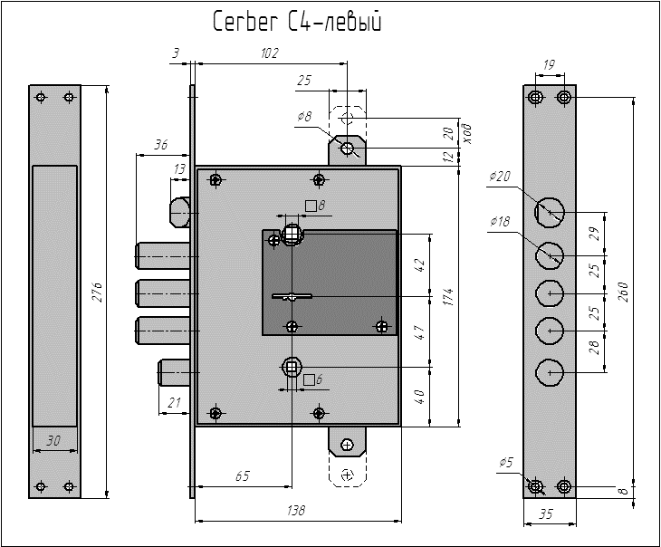 Габаритный чертеж врезного замка со сменным механизмом Цербер С4 левый