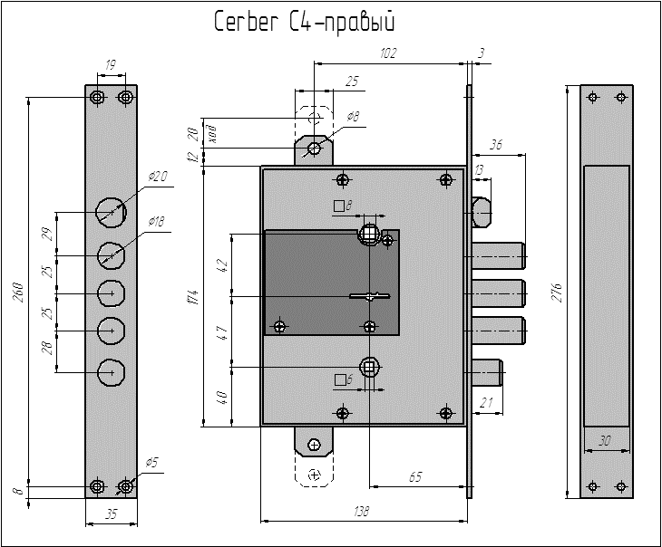Габаритный чертеж врезного замка со сменным механизмом Цербер С4 правый
